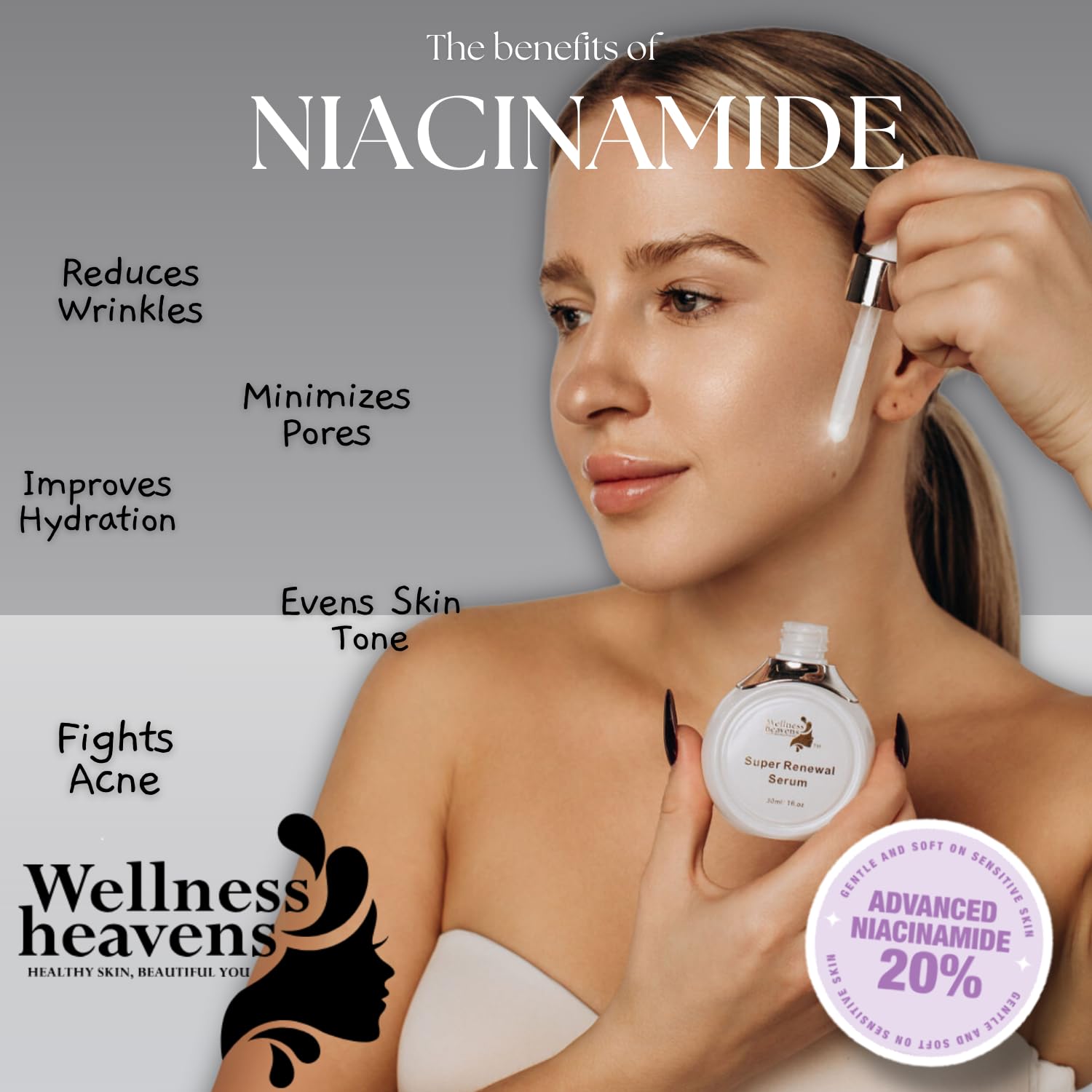 5-in-1 Niacinamide Face Serum with Vitamin C, Hyaluronic Acid, Collagen & Peptides – Brightening, Firming & Anti-Aging Formula for Mature Skin, 30ml
