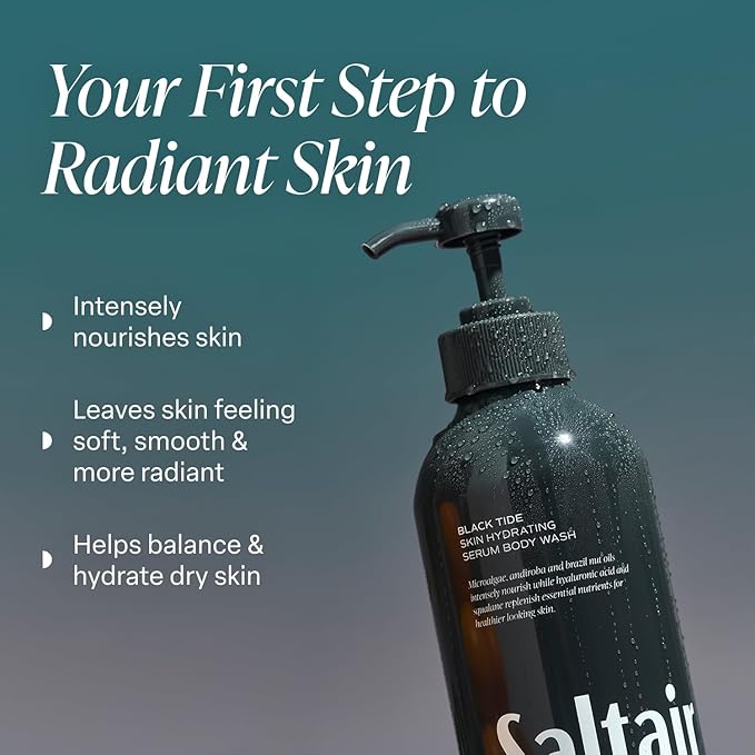 Saltair Body Wash, Black Tide 2-Pack. Moisturizing Body Cleanser with Monoi Oil and Cupuacu Butter. Luxury Shower Gel for Women and Men. Vegan, Cruelty-Free, Paraben-Free. 2x 17oz Pump Bottles