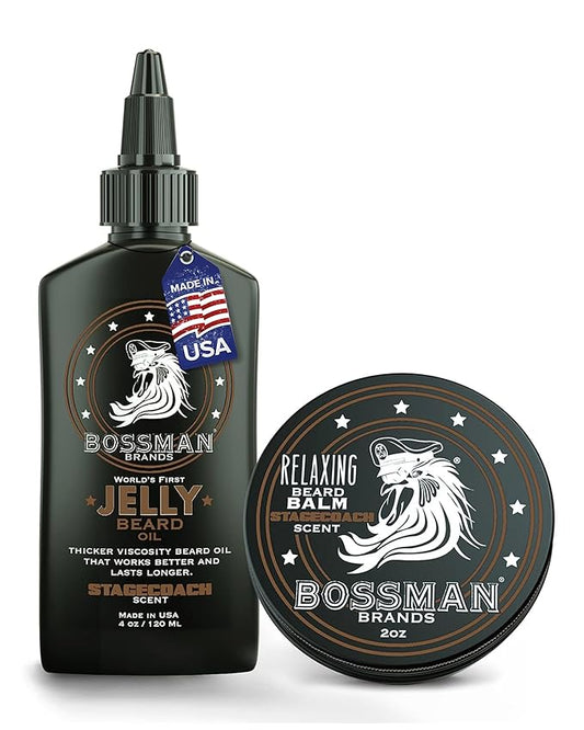 Bossman Jelly Beard Oil for Men & Beard Balm for Men Combo - Softens, Tames Moisturizes & Conditions - Stagecoach Scent - Natural Ingredients & Made in USA