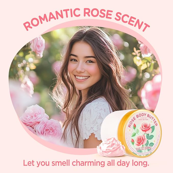 Rose Body Butter, Natural Body Butter for Men Women Smell Good, Rose Scented Shea Butter Body Cream, Body Moisturizer for Dry Skin 6.8 floz