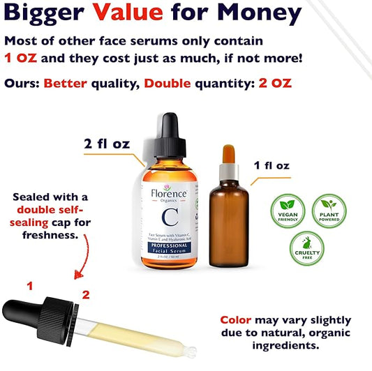 Vitamin C Serum For Face – Anti-Aging Facial Serum with Vitamin C, Hyaluronic Acid, Niacinamide, B5 & Vit E. Brightening Facial Essence for Dark Spots, Fine Lines, Wrinkles & Glowing Skin, 2 Fl Oz