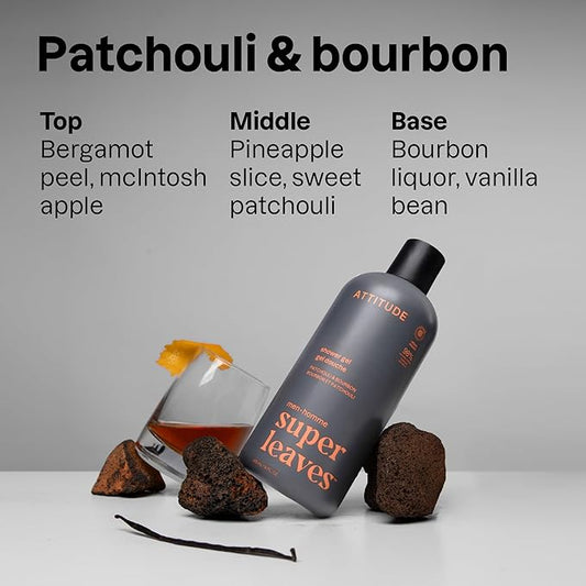 ATTITUDE Shower Gel Body Wash for Men, 98% Natural Origin Ingredients, Paraben & Phthalate Free, EWG Verified, Cleanses Without Drying, Patchouli & Bourbon, 14 Fl Oz