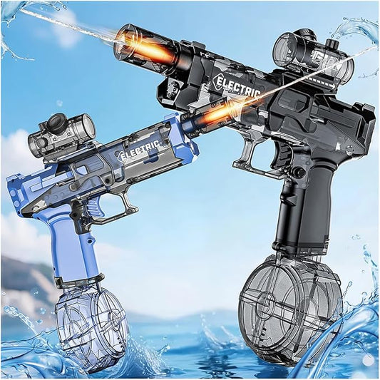 2 Pack Electric Water Guns with Muzzle Flash for Adults & Kids, Automatic Water Gun with 28-32 FT Long Range, Powered Water Gun Summer Outdoor Pool Beach Toy (Blue+Black)