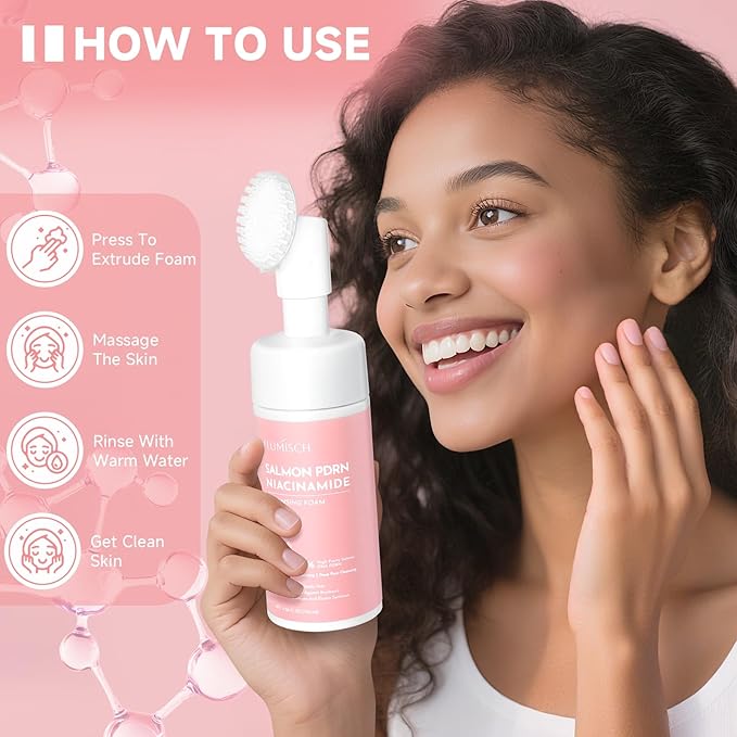 Salmon DNA PDRN Facial Cleanser | Low pH Hydrating Daily Foaming Face Wash with Soft Massage Heads | PDRN, Collagen & LHA | Gentle Pore Care & Radiant, Balanced-Looking Skin | 2PCS