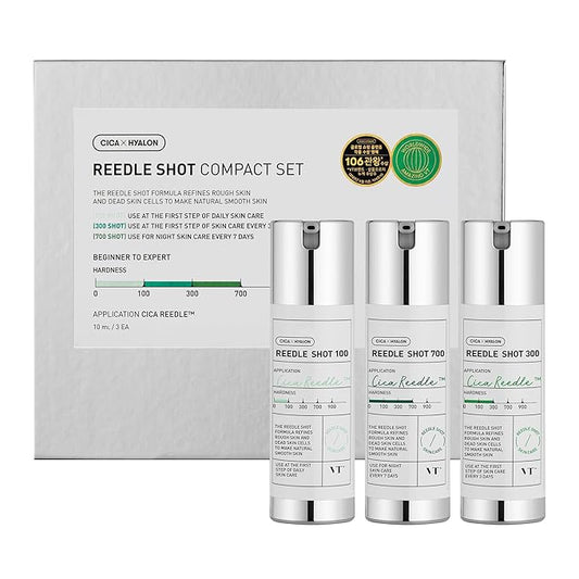VT COSMETICS Reedle Shot Compact Set, Microneedling Serum Gift Set with Reedle Shot 100, 300, 700, Exfoliating, Anti-Aging, Travel Size Skincare for Women (0.34 oz / 10ml Each)