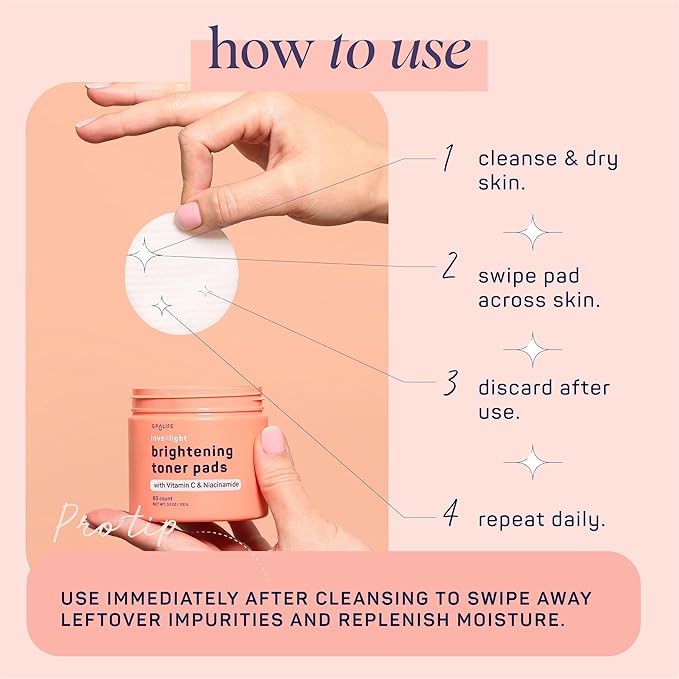 SpaLife Love & Light Radiating Toner Pads – for Uneven Skin Tone, Dark Spots & Discoloration, Clogged Pores, Dullness with Vitamin C, Niacinamide – Toner Pad for Face, Pre-Soaked Pads