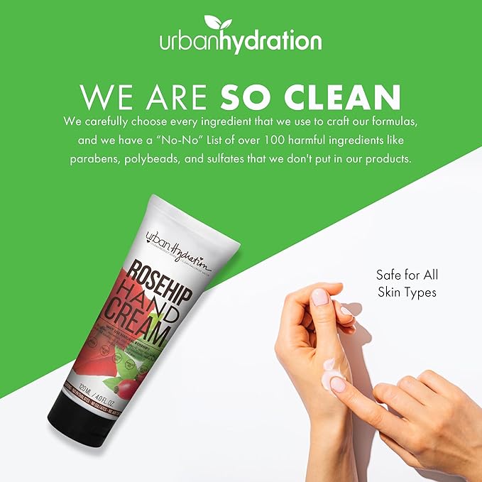Urban Hydration Rosehip Hand Cream – With Coconut Oil & Vitamin E – Brightens Skin, Deeply Hydrates – Non-Greasy Formula – Ideal for Dry & Sensitive Skin – 4 FL Oz