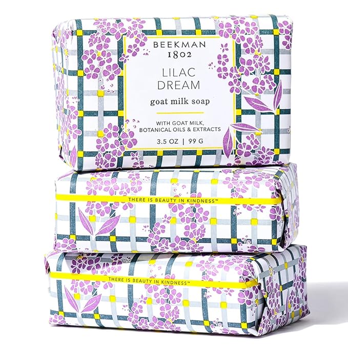 Beekman 1802 Lilac Dream Goat Milk Soap 3-Piece Set - 3.5 oz Each - Scented - Cleanses & Hydrates - With 100% Vegetable Base & Botanical Oils - Triple Milled - Good for Sensitive Skin - Cruelty Free