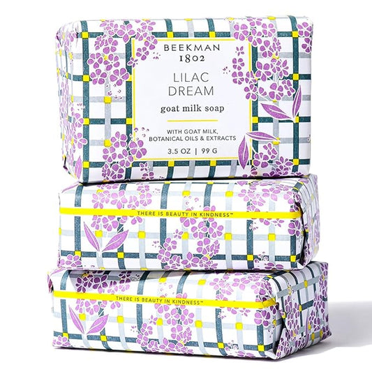 Beekman 1802 Lilac Dream Goat Milk Soap 3-Piece Set - 3.5 oz Each - Scented - Cleanses & Hydrates - With 100% Vegetable Base & Botanical Oils - Triple Milled - Good for Sensitive Skin - Cruelty Free