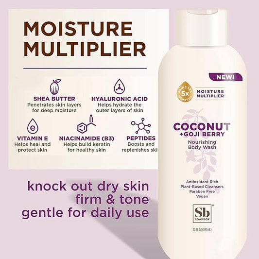 Soapbox Body Wash, Coconut & Goji Berry Liquid Body Wash, Moisturizing Soap with Shea Butter, Vegan Duo Pack of 2 Soap Bottles, 20oz Each