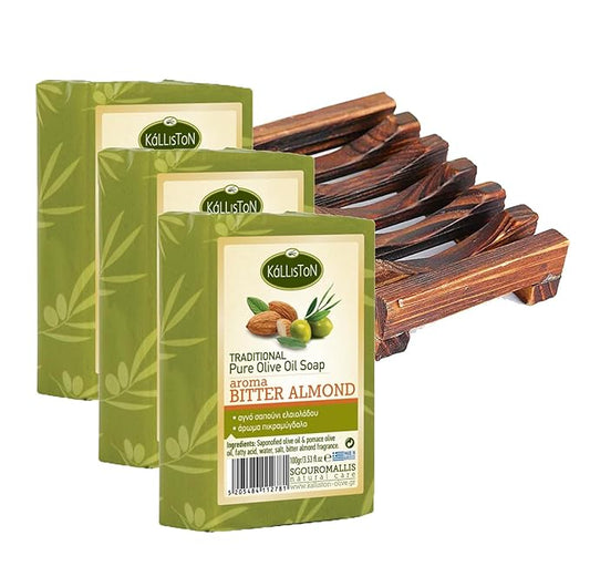 Kalliston, Olive Oil Soap With Bitter Almond extract, Pure Traditional and All Natural Moisturizer, Made in Ancient Crete, Greece, Pack of 4