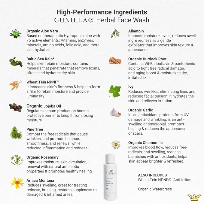 GUNILLA Herbal Face Wash - Very Gentle Daily Cream Cleanser for Dry, Normal, Sensitive Skin. Removes Dirt, Oil & Impurities. Plant-Based. Vegan. Natural. Concentrated 4.0 oz