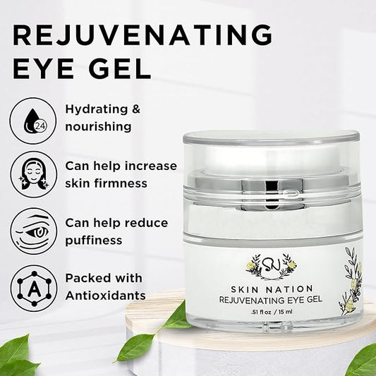 Skin Nation Rejuvenating Eye Gel, Super Hydrating with Peptides, Hyaluronic Acid and Green Tea, Lightweight Plant Based Under Eye Cream for Puffiness, Dark Circles and Smooth Skin, 0.5 oz
