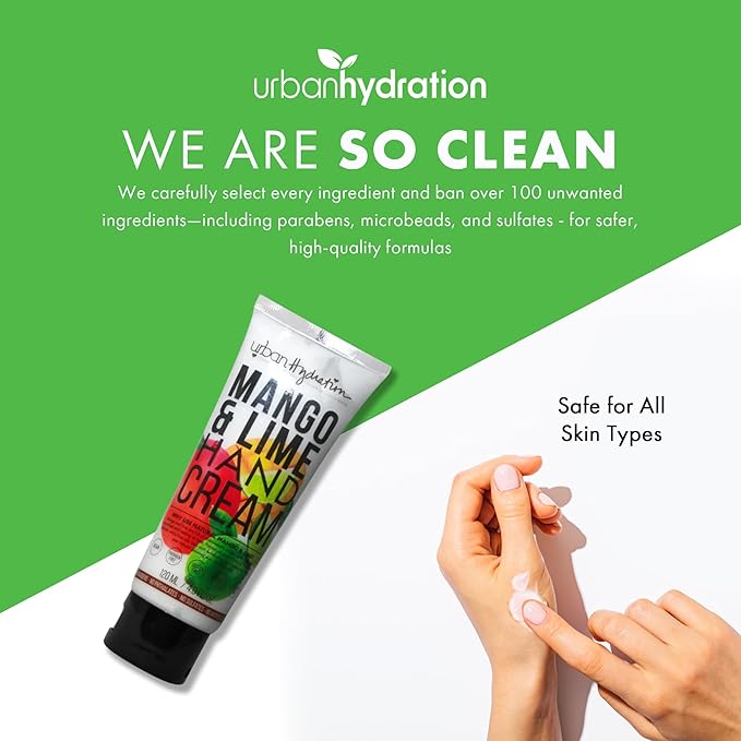 Urban Hydration Rejuvenate & Nourish Mango & Lime Hand Cream – Moisturizing Hand Cream for Dry and Rough Skin, Prevents premature aging, Sulfate, Paraben, and Silicone-Free, For All Skin Types, 4oz