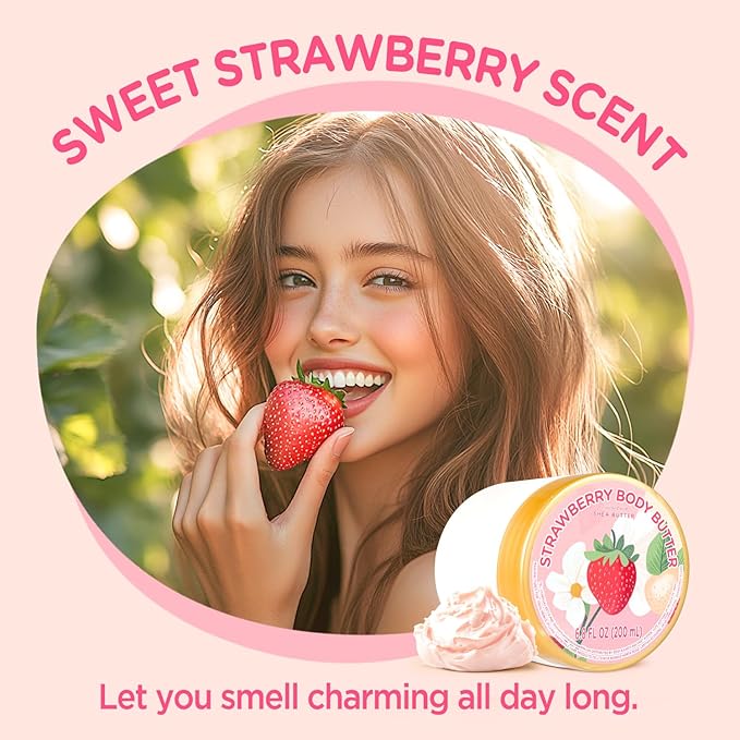 Strawberry Body Butter, Natural Body Butter for Men Women Smell Good, Strawberry Scented Shea Butter Body Cream, Body Moisturizer for Dry Skin 6.8 floz