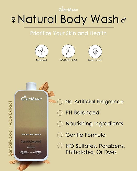 GirlyMan Natural Body Wash - Made with Olive Oil & Aloe Extract, No Artificial Fragrance, PH Balanced, Gentle Formula, Nourishing Ingredients, Family Owned (Sandalwood)