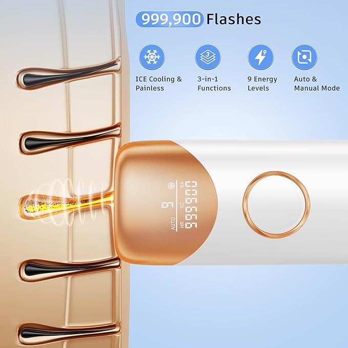 Laser Hair Removal with 5℃ Ice Cooling, Ubroo Painless IPL Laser Hair Removal Device 3 In 1 At Home Hair Remover Machine Permanent Hair Removal for Women Men Facial Body Use(Gold)