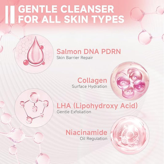 Salmon DNA PDRN Facial Cleanser | Low pH Hydrating Daily Foaming Face Wash with Soft Massage Heads | PDRN, Collagen & LHA | Gentle Pore Care & Radiant, Balanced-Looking Skin | 4.23 oz