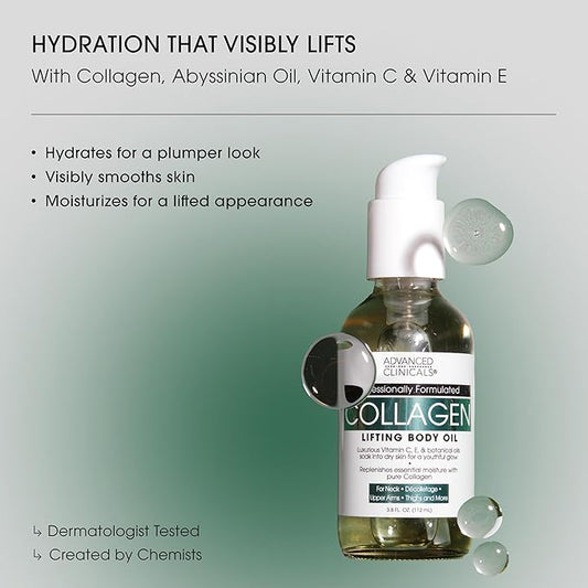 Advanced Clinicals Hydrating Collagen Oil For Body & After Shower | Visible Anti Aging Moisturizing Collagen Body Oil For Women & Men Helps Soften Appearance Of Crepe Skin & Wrinkles, 3.8 Fl Oz