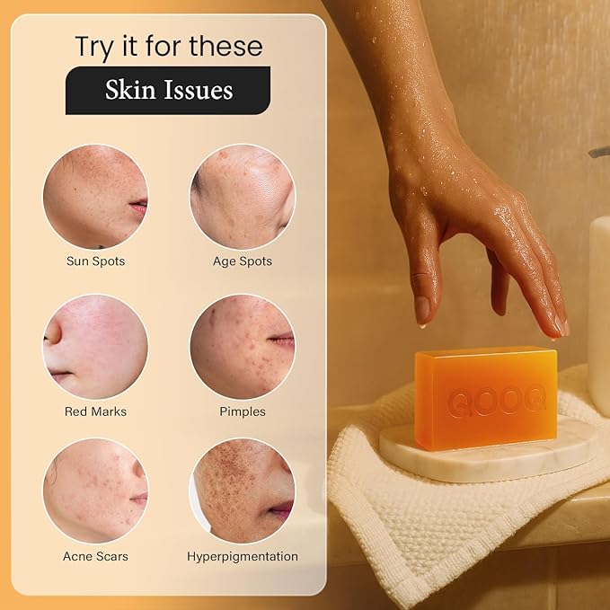 QOOQ Turmeric Kojic Acid Soap for Dark Spots Brightening – Face and Body Wash with Vitamin C, Retinol, Collagen, Vitamin E, Glycerin, Shea Butter & Castile Olive Oil – Soap for Women & Men (100g)