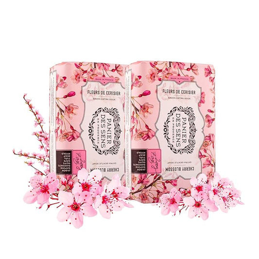 Panier des Sens Cherry Blossom Shea butter natural bar soap, bath & body soap bars - Made in France 95% natural - 2 bars, 7oz/200g each