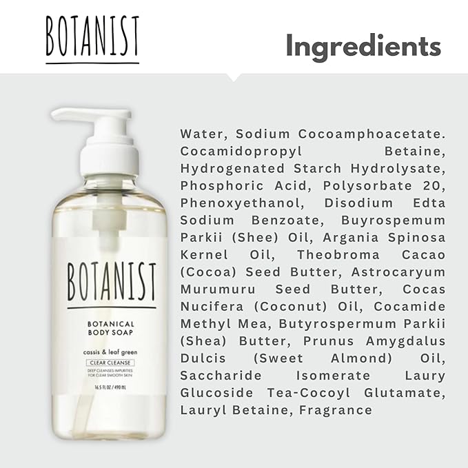 Botanist Natural Body Wash for Women, Mens Full Body Wash for Sensitive Skin by Squalane, Shea Butter& Aloe Vera, Sulfate Free Shower Gel & Bath Soap from Japan 16.5 Fl Oz 2EA Cassis & Leaf Green