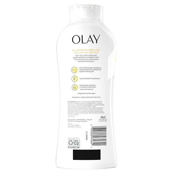 Olay Body Wash for Women, Ultra Moisture, 24hr Moisturizing, Hydrating & Refreshing, B3 Vitamin Complex, Free of Parabens & Phthalates, For All Skin Types, Shea Butter Scent, 22 fl oz