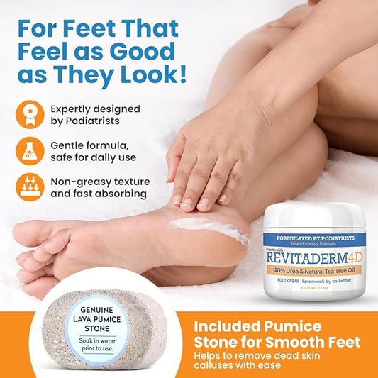 Revitaderm 4D Urea Cream 40% for Feet, Intensive Moisturizing Foot Cream for Dry, Rough, Callused Skin, Includes Free Pumice Stone and Exfoliating Brush, Fast-Absorbing, Fragrance-Free, 4oz, 10 Pack