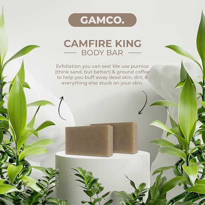 Grown Ass Man Co. Exfoliating Body Bars - Solid Soap with Natural Oils & Gentle Scrub - Plastic Free & Eco-Friendly, Natural & Organic for All Skin, 4oz Bar - Campfire King - Coarse Exfoliant, 6-Pack
