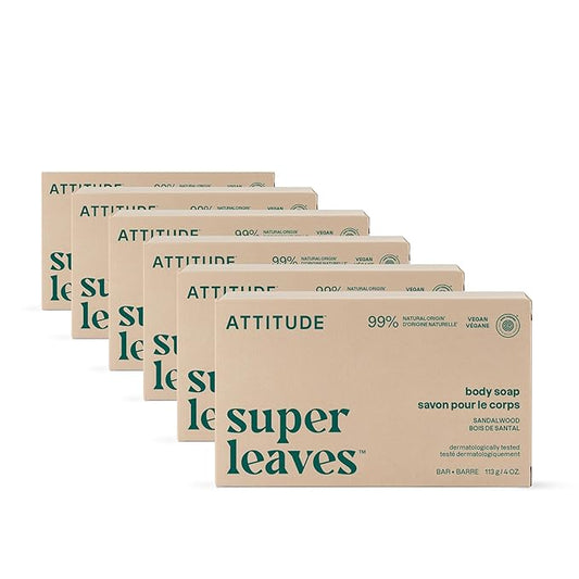 ATTITUDE Body Soap Bar, Natural Origin, Protects and Softens Dry Skin, Watercress, Indian Cress & Olive Oil, Made in Canada, EWG Verified & Vegan, Sandalwood, 4 Oz (Pack of 6)