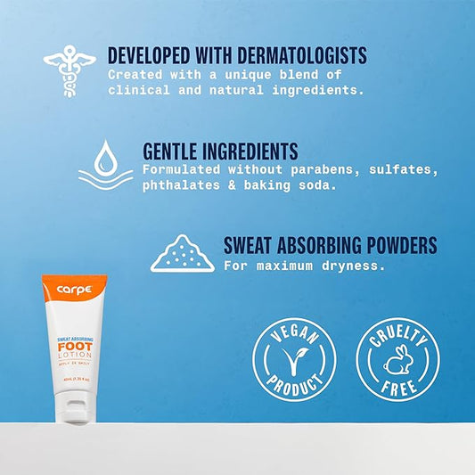Carpe Sweat Absorbing Foot Lotion WITH APPLICATOR, A dermatologist-recommended solution to stop sweaty, smelly feet, Helps prevent blisters, Great for hyperhidrosis. 1 Tube + Applicator