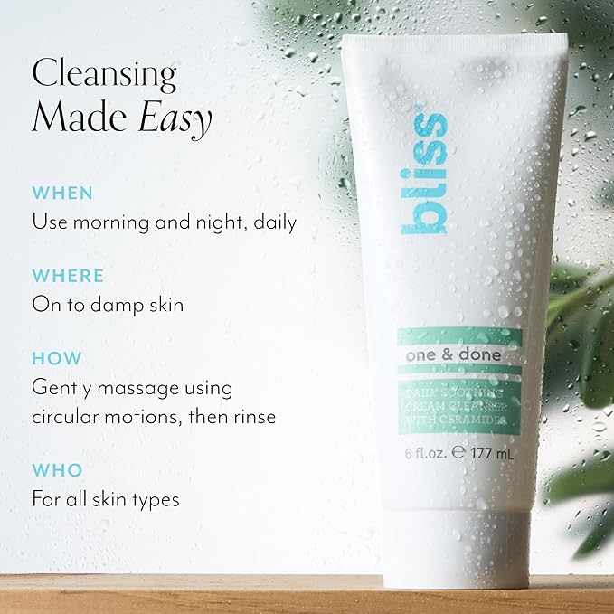 Bliss One & Done Daily Cream Facial Cleanser With Ceramides - Moisturizing Face Wash For Dry Skin - Cleanses & Removes Makeup in 1 Step- Clean, Vegan, Cruelty-Free, 6 Fl Oz