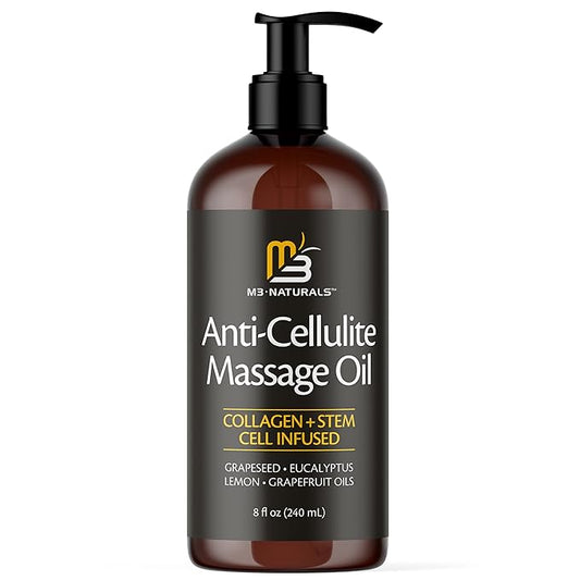 Anti Cellulite Massage Oil and Silicone Body Brush – Collagen and Stem Cell Skin Tightening Formula for Smoothing and Firming, 8 fl oz by M3 Naturals