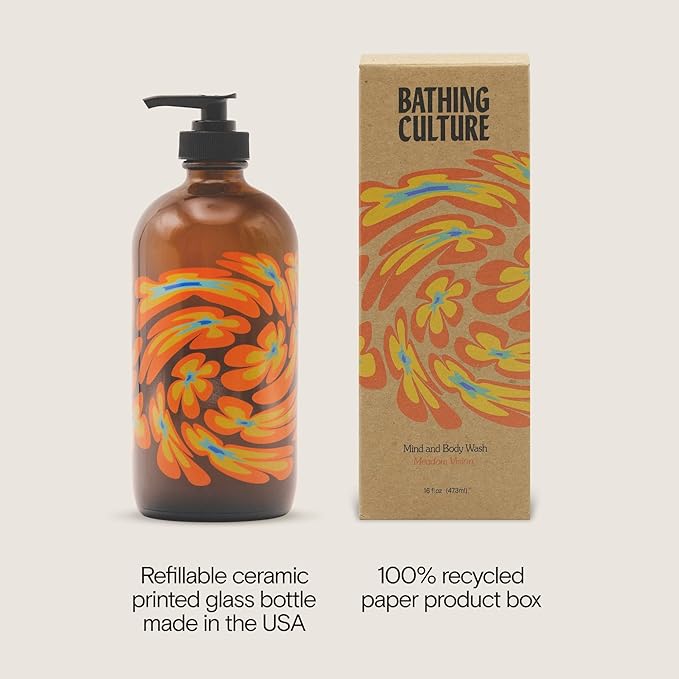 Bathing Culture, Organic Mind + Body Wash, Natural, Biodegradable, Sustainable, Vegan Personal Care, All Natural Organic Body Wash for Women and Men, Glass Bottle, 16 fl oz, Meadow Vision