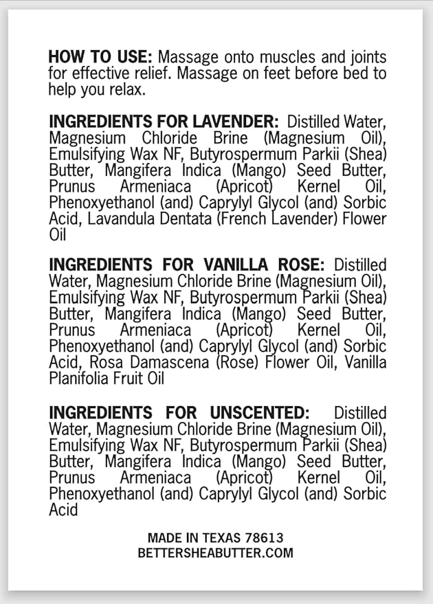 Better Shea Butter Magnesium Cream Variety Pack | for Leg Cramps | Vanilla Rose, Unscented and Lavender Travel Size Lotion Minis for Women and Men | Safe for Pregnancy, Kids & Babies 3 x 2oz Jars