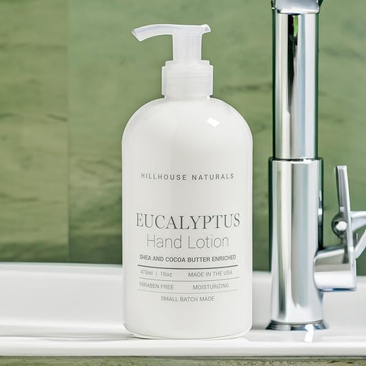 Hillhouse Naturals 16oz Eucalyptus Hand Lotion. With notes of spearmint, eucalyptus, rosemary and our special floral blend. Made in the USA