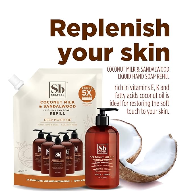 Soapbox Liquid Hand Soap, Coconut Milk & Sandalwood, Gentle & Moisturizing Hand Wash for Kitchen and Bathroom, Vegan & Cruelty Free Scented Hand Soap 12 Ounce Pump Bottles (Pack of 3)