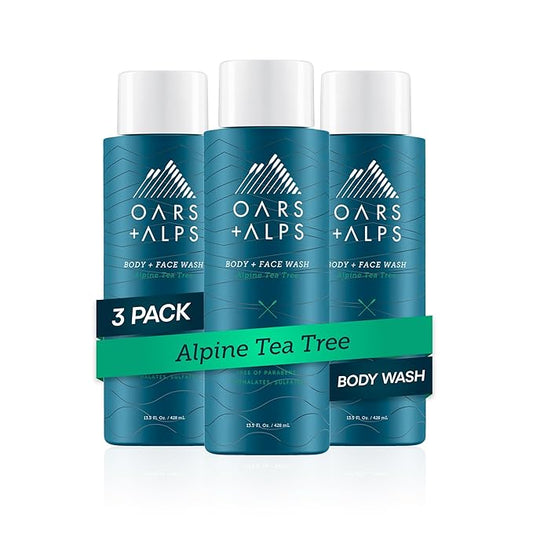 Oars + Alps Men's Moisturizing Body and Face Wash, Skin Care Infused with Vitamin E and Antioxidants, Sulfate Free, Alpine Tea Tree, 3 Pack