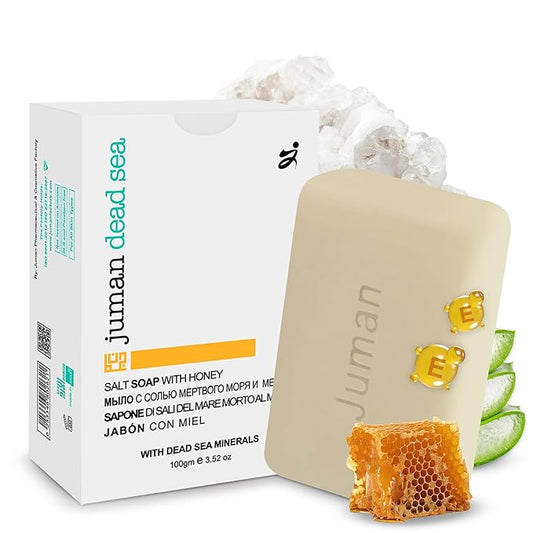 JUMAN Dead Sea Minerals Salt Soap for Acne and Dark Spots | Infused with Honey & Aloe Vera Gel Extract | Vitamin E | Moisturizing Soap Bar for Face and Body | 4oz (Pack of 1)
