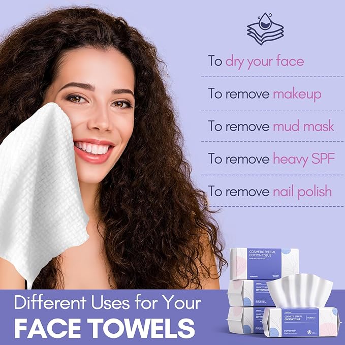 PoeticEHome Disposable Face Towel | Thick & Absorbent | Clean Face Tissue Biodegradable | Cotton Dry Wipes for Facial Cleansing & Makeup Removing