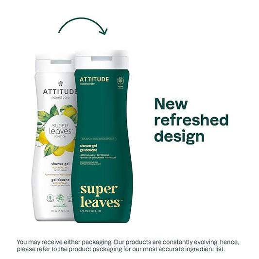 ATTITUDE Body Wash, EWG Verified Shower Gel, Dermatologically Tested, Plant and Mineral-Based, Vegan Personal Care Products, Lemon Leaves, 16 Fl Oz (Pack of 6)