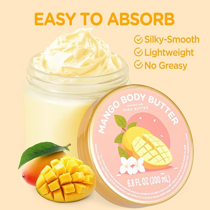 Mango Body Butter, Mango Shea Butter, Natural Body Butter for Men Women Smell Good, Body Moisturizer for Dry Skin 6.8 floz
