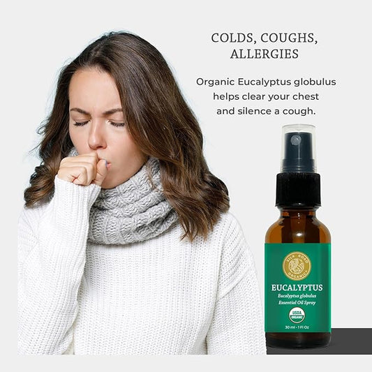 Silk Road Organic Eucalyptus Essential Oil Spray, 100% Pure USDA Certified Aromatherapy - Congestion, Colds, Cough, Sinus, Allergies & Skin Care – 1 Oz Spray