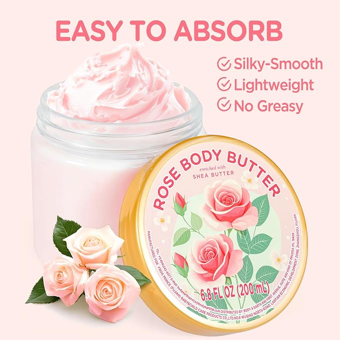 Rose Body Butter, Natural Body Butter for Men Women Smell Good, Rose Scented Shea Butter Body Cream, Body Moisturizer for Dry Skin 6.8 floz