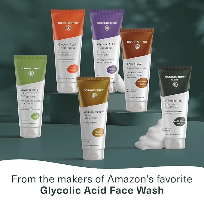 Botanic Tree Glycolic Acid Exfoliating Face Wash for Men - Facial Exfoliating Cleanser, Face Scrub - 10% Glycolic Acid with Activated Charcoal - 6 fl oz