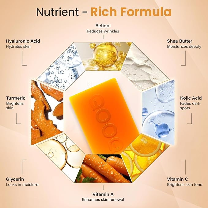 QOOQ Turmeric Kojic Acid Soap for Dark Spots Brightening – Face and Body Wash with Vitamin C, Retinol, Collagen, Vitamin E, Glycerin, Shea Butter & Castile Olive Oil – Soap for Women & Men (100g)
