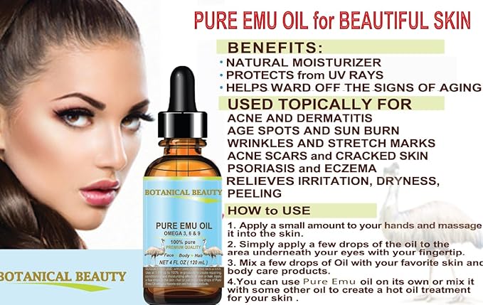 Botanical Beauty PURE EMU OIL 100% Natural Unrefined for Face, Skin, Body, Hands, Feet, Nails, Hair, Lip Care 2 Fl Oz - 60 ml