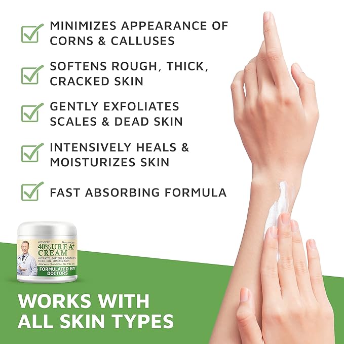 Urea Cream 40 Percent for Feet, Formulated by Doctors, Foot Cream for Dry Cracked Heels, Foot Callus Remover, Rehydrates Dry, Rough, Dead Skin on the Feet, Hands, and Elbows, Free Pumice