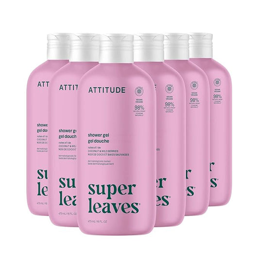 ATTITUDE Body Wash, EWG Verified Shower Gel, Dermatologically Tested, Plant and Mineral-Based, Vegan Personal Care Products, Coconut & Wild Berries, 16 Fl Oz (Pack of 6)