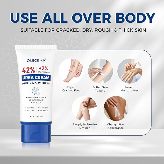 OUKEYA Urea Cream 42 Percent with 2% Salicylic Acid Tube 3 Oz, Urea Foot & Hand Cream for Dry Cracked, 40 per Urea Lotion for Feet Maximum Strength